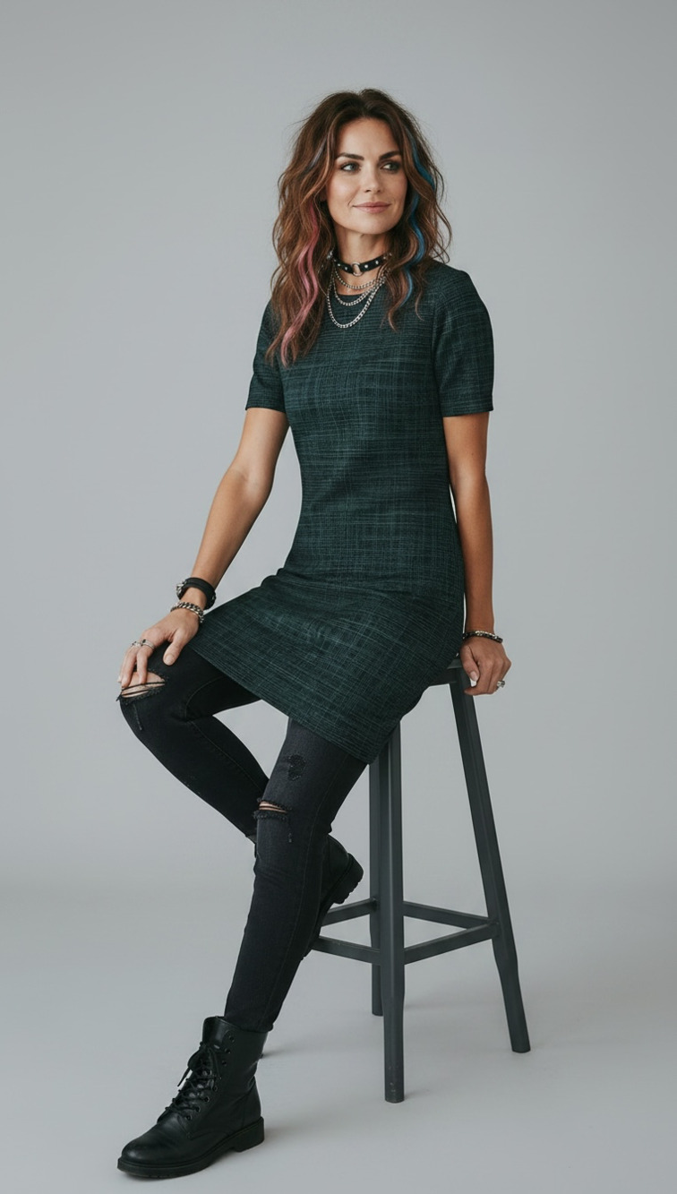 Theory Short-Sleeve Sheath Dress in Green/Black Crosshatch, Size 10
